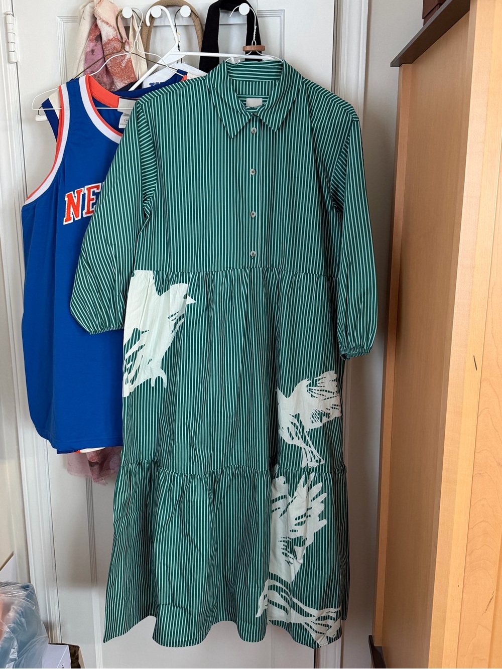 THE BETTINA TIERED SHIRT DRESS BY MAEVE Green Stripe with White Bird Motif NWT M - Picture 4 of 9